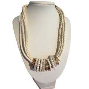 White Faux Braided Leather Multi Strand Necklace Rings Beads Gold Tone Adj 19"